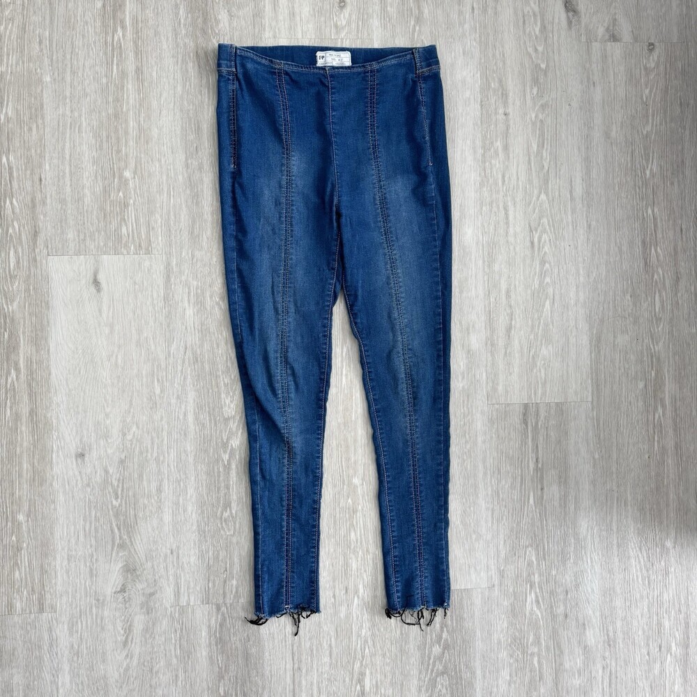 FREE PEOPLE Mid Rise Seamed Skinny Jeans Blue Raw Hem 27 Pull On Leggings EUC